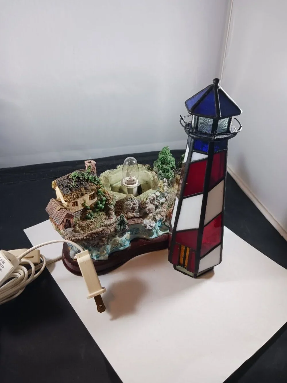 Vintage Stained Glass Lighthouse with Resin Houses on beach on Wood Base